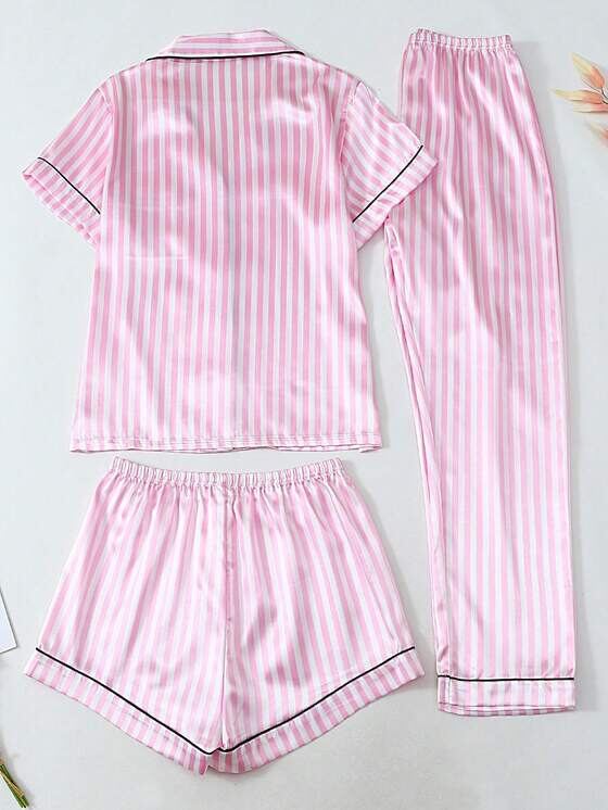 Pijama 3 Peças Cetim Listrado Rosa