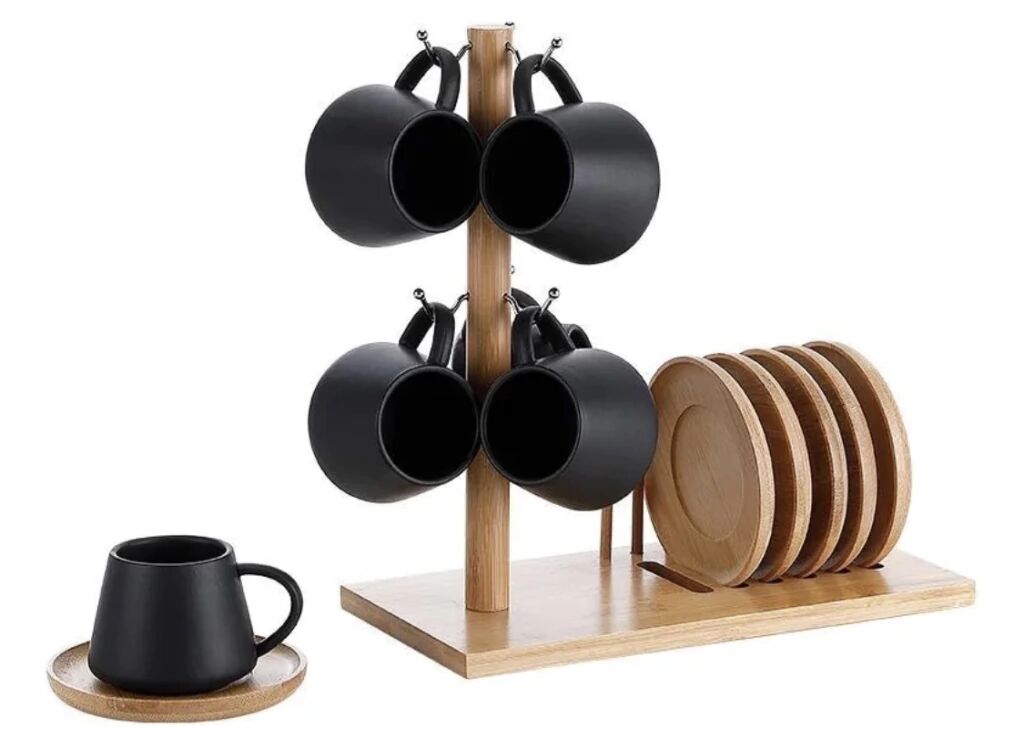 Jogo 6 Xícaras Café e Chá 90ml — Linha Oasis com Suporte em Madeira